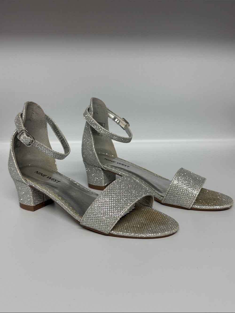 Nine West Silver Glitter Ankle-Strap Block Heel Sandals
